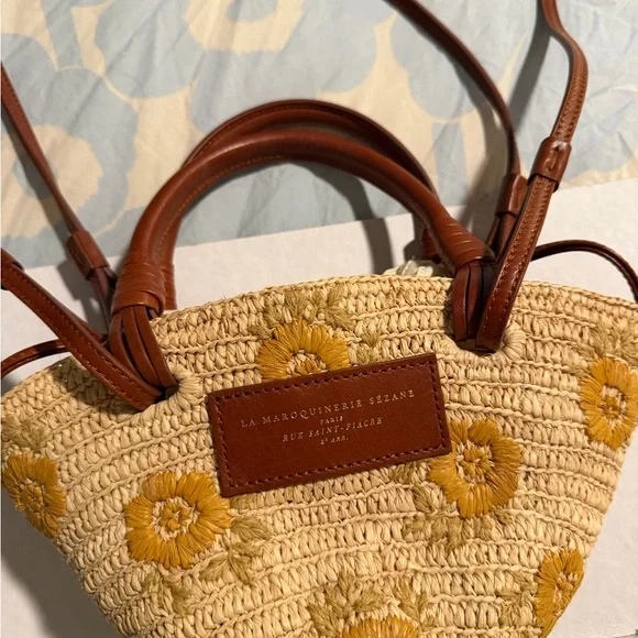 Sézane Justine Mini Basket embroidered Flowers Tan and Yellow straw bag perfect - Picture 3 of 5